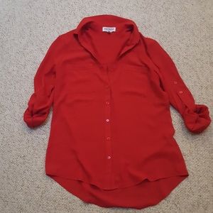 Red button down roll sleeve shirt